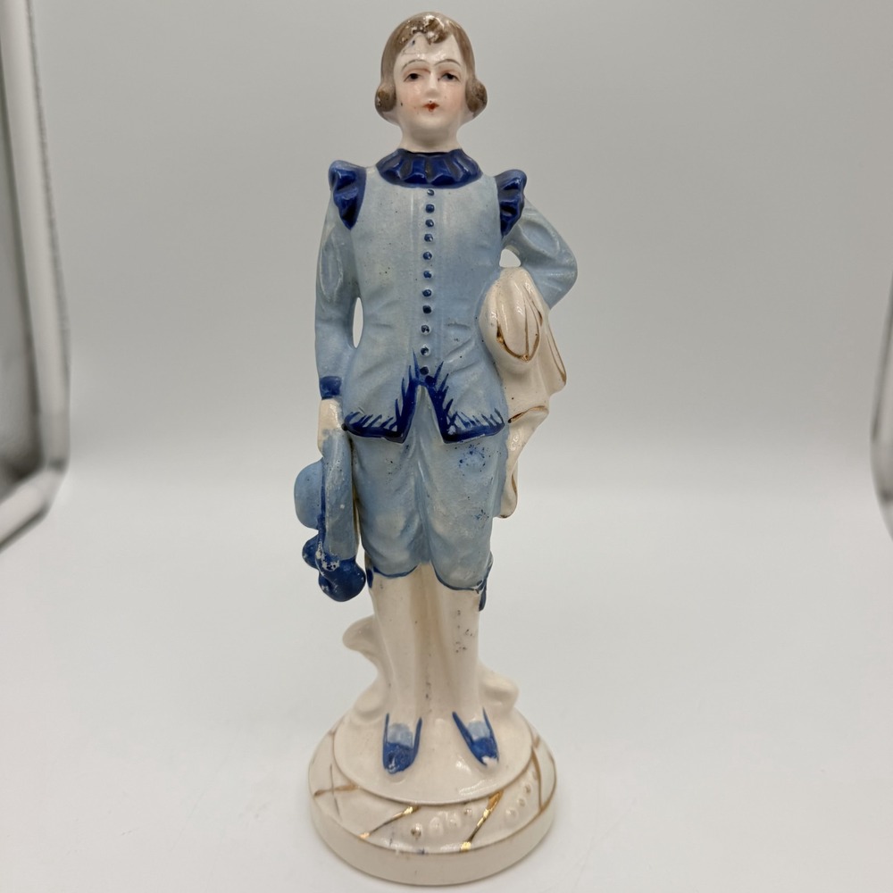 Vintage Boy Figurine 8" Blue White Porcelain Occupied Japan Made Hand Painted